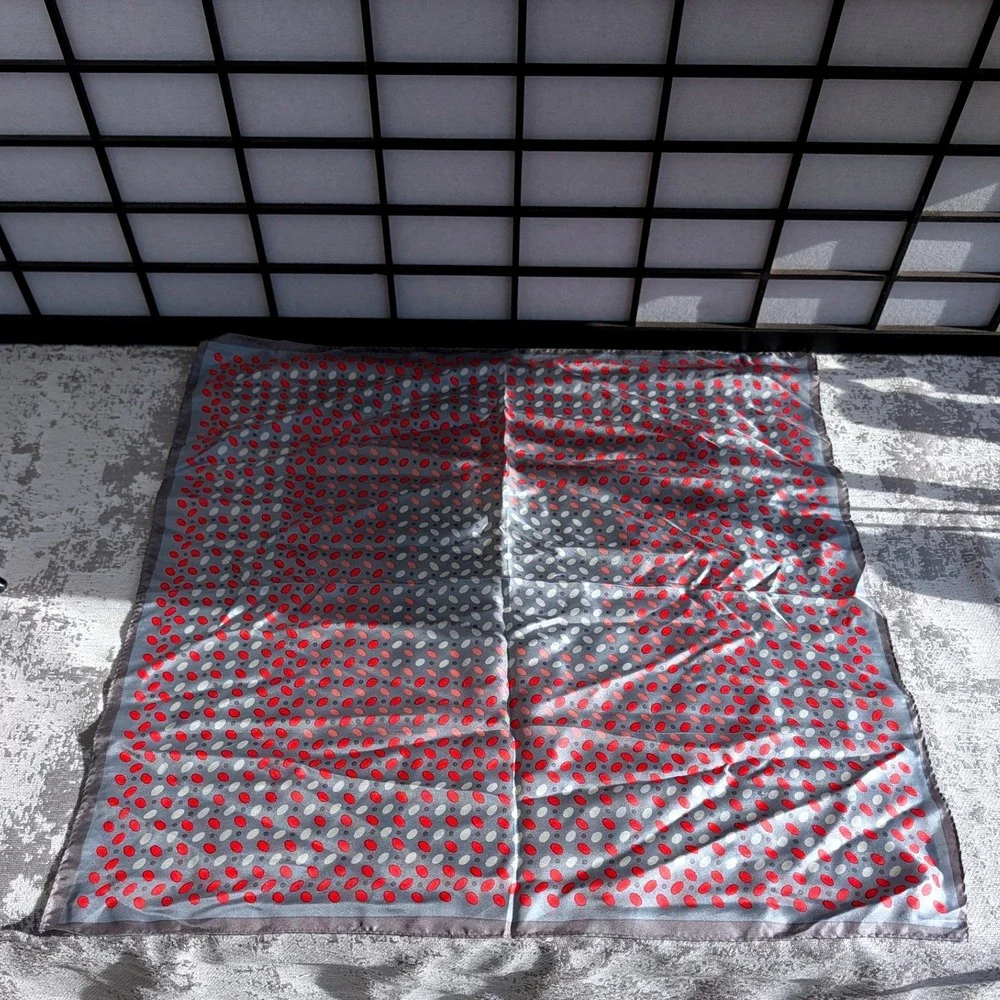 Designers Collection Silk Scarf Grey Red Polka Dot Square Made in Japan RN14750
